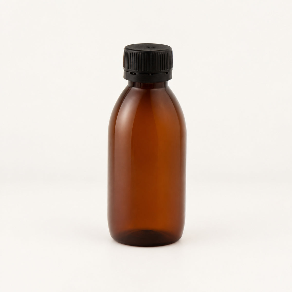 Braon PET boca za sirup 100 ml, grlo 28 mm, sa crnim poklopcem - 442300, 448100 | Bazika