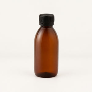 Braon PET boca za sirup 100 ml, grlo 28 mm, sa crnim poklopcem - 442300, 448100 | Bazika