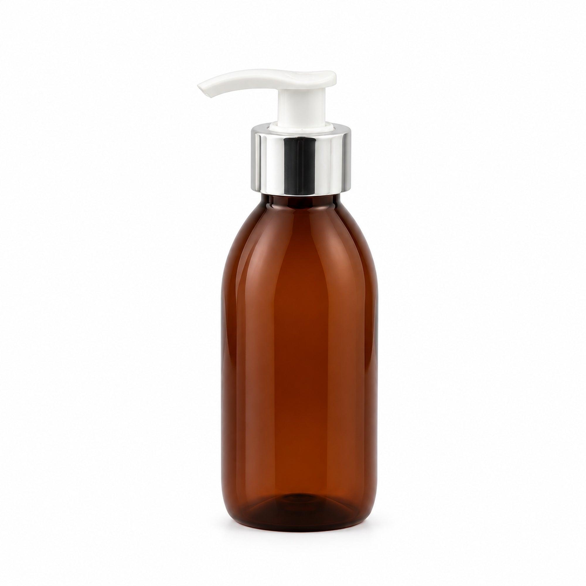 Braon PET boca za sirup sa belom pumpicom dozatorom A 28/410, srebrni aluminijum prsten - 448550 | Bazika