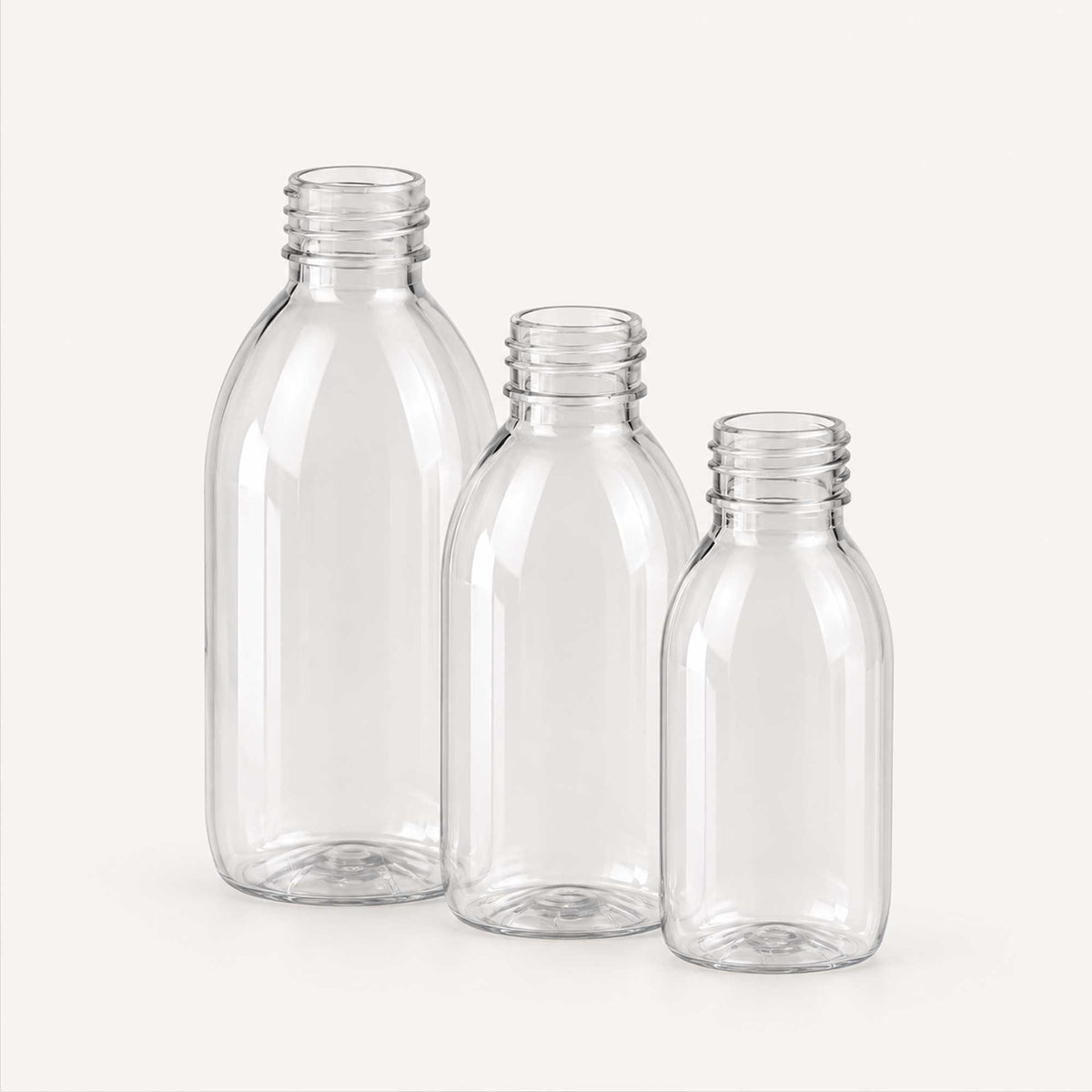 Transparentna PET boce za sirup 100, 150 i 250 ml, grlo 28 mm, bez poklopca - 442300, 443100, 443200 | Bazika