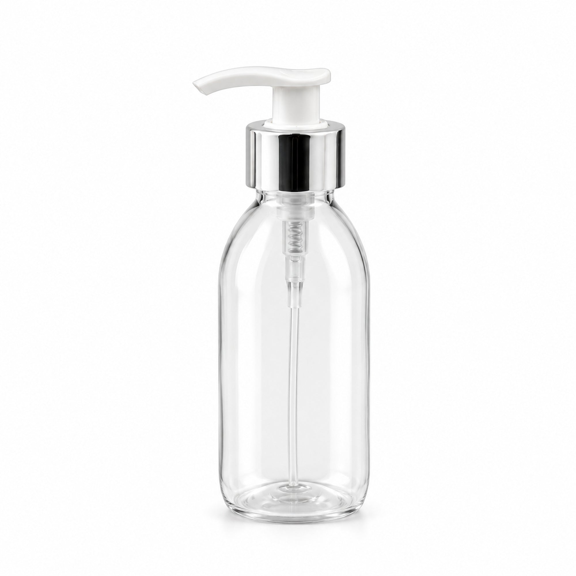 Transparentna PET boca za sirup sa belom pumpicom dozatorom A 28/410, srebrni aluminijum prsten - 448550 | Bazika