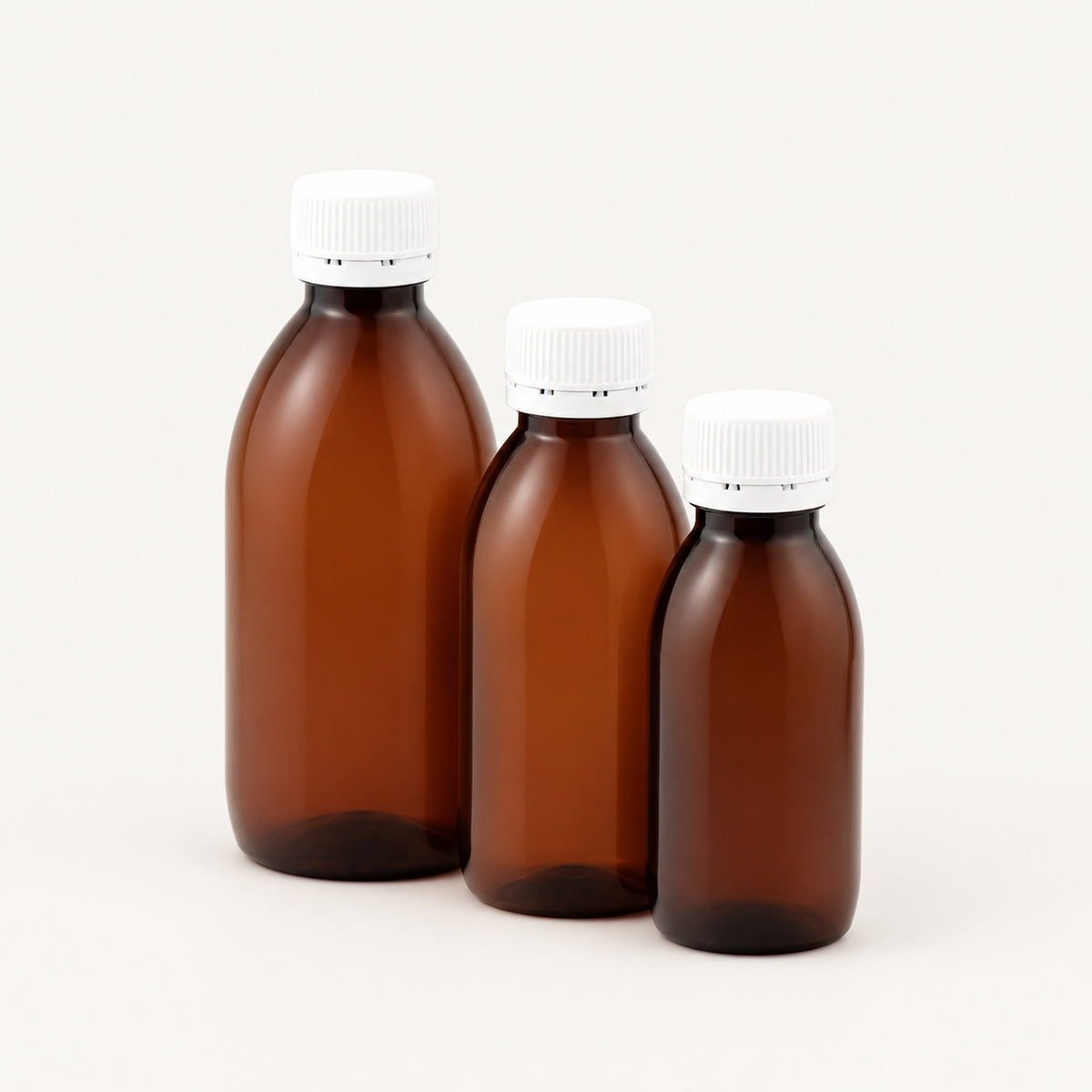 Braon PET boce za sirup 100, 150 i 250 ml sa belim poklopcima - 442300, 443100, 443200, 448110 | Bazika