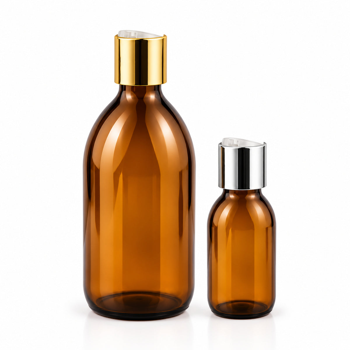 Braon staklene boce za sirup 100 i 500 ml, grlo 28 mm, sa zlatnim i srebrnim aluminijumskim disk top poklopcem - 441180, 441250, 448350, 448360 | Bazika
