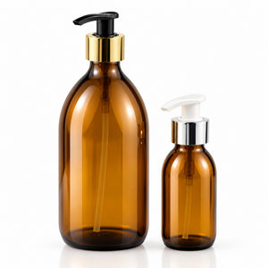 Braon staklene boce za sirup 100 i 500 ml, grlo 28 mm, sa pumpicama dozatorima i srebrnim i zlatnim aluminijumskim prstenom - 441180, 441250, 448550, 448560, 448565 | Bazika