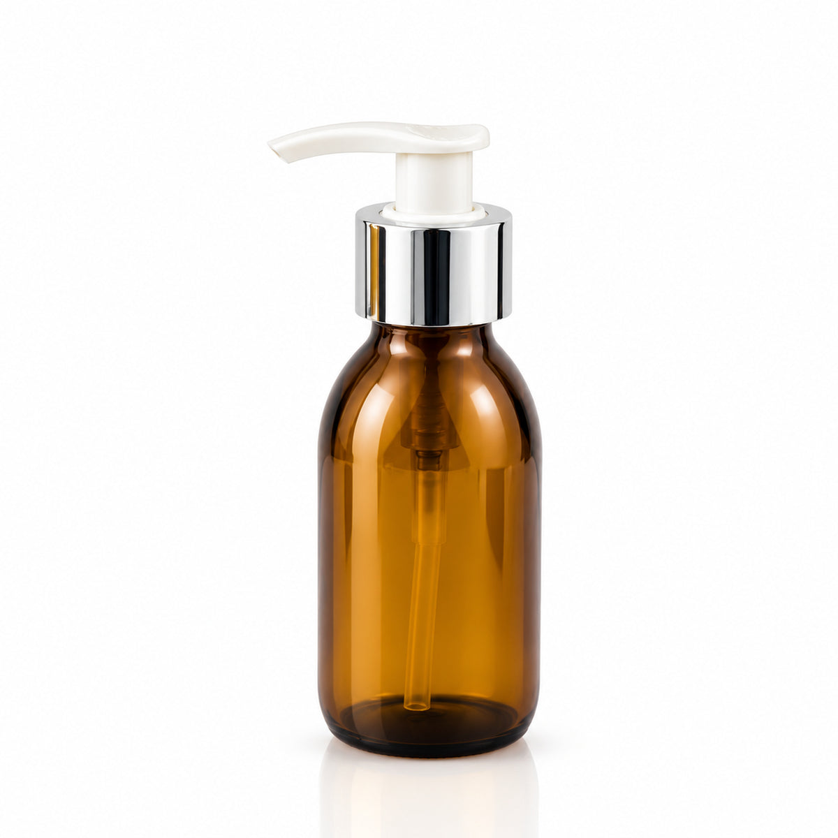 Braon staklena boca za sirup 100 ml, grlo 28 mm, sa belom pumpicom dozatorom i srebrnim aluminijumskim prstenom - 441180, 448550 | Bazika