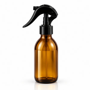 Braon staklena boca za sirup 100 ml, grlo 28 mm, sa crnim trigger sprej raspršivačem - 441180, 448455 | Bazika