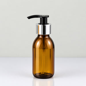 Braon staklena boca za sirup 100 ml, grlo 28 mm, sa crnom pumpicom dozatorom i srebrnim aluminijumskim prstenom - 441180, 448560 | Bazika