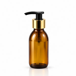 Braon staklena boca za sirup 100 ml, grlo 28 mm, sa crnom pumpicom dozatorom i zlatnim aluminijumskim prstenom - 441180, 448565 | Bazika