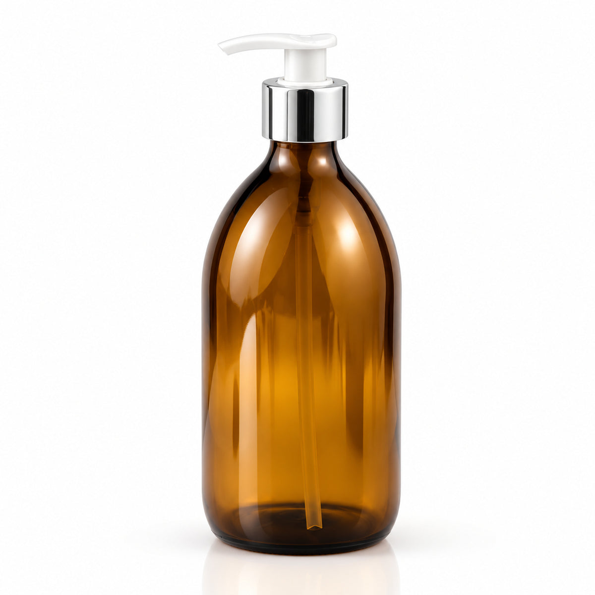 Braon staklena boca za sirup 500 ml, grlo 28 mm, sa belom pumpicom dozatorom i srebrnim aluminijumskim prstenom - 441250, 448550 | Bazika