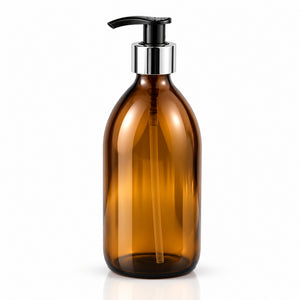 Braon staklena boca za sirup 500 ml, grlo 28 mm, sa crnom pumpicom dozatorom i srebrnim aluminijumskim prstenom - 441250, 448560 | Bazika