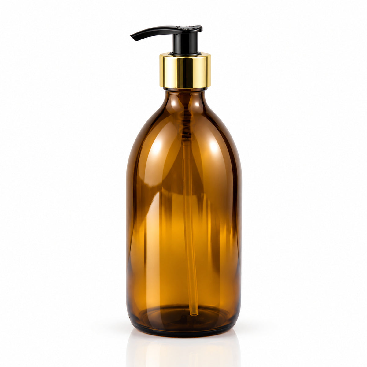Braon staklena boca za sirup 500 ml, grlo 28 mm, sa crnom pumpicom dozatorom i zlatnim aluminijumskim prstenom - 441250, 448565 | Bazika