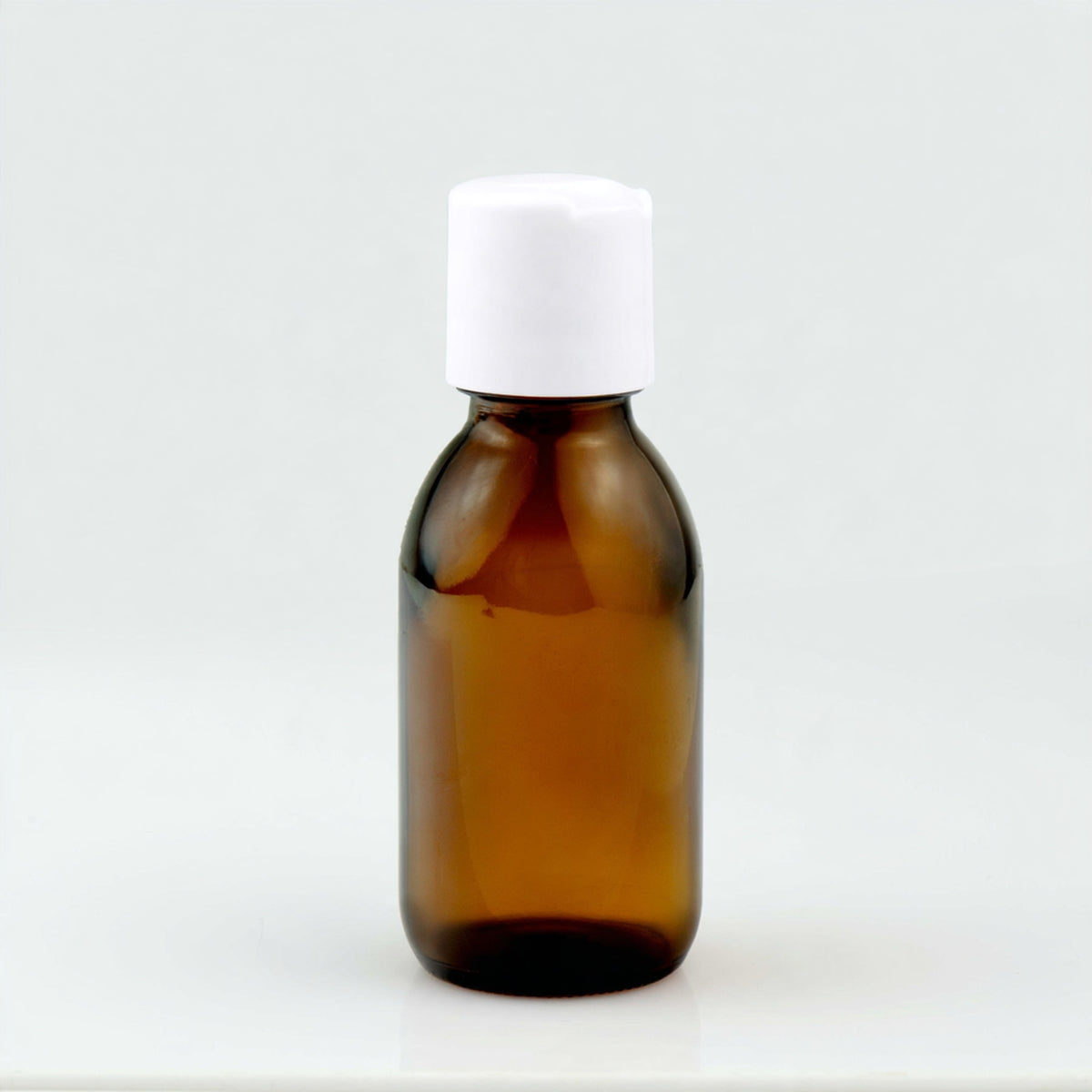 Braon staklena boca za sirup 100 ml, grlo 28 mm, sa belim disk top poklopcem - 441180, 448300 | Bazika
