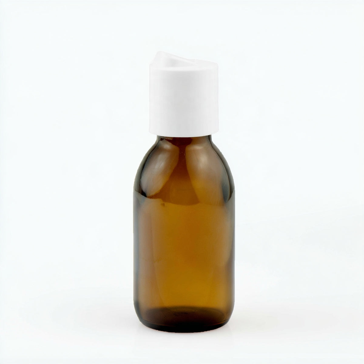 Braon staklena boca za sirup 100 ml, grlo 28 mm, sa otvorenim belim disk top poklopcem - 441180, 448300 | Bazika