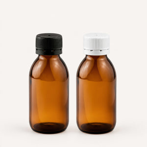 Dve braon staklene boce za sirup 100 ml sa crnim i belim plastičnim poklopcem, grlo 28 mm - 441180, 448100, 448110 | Bazika