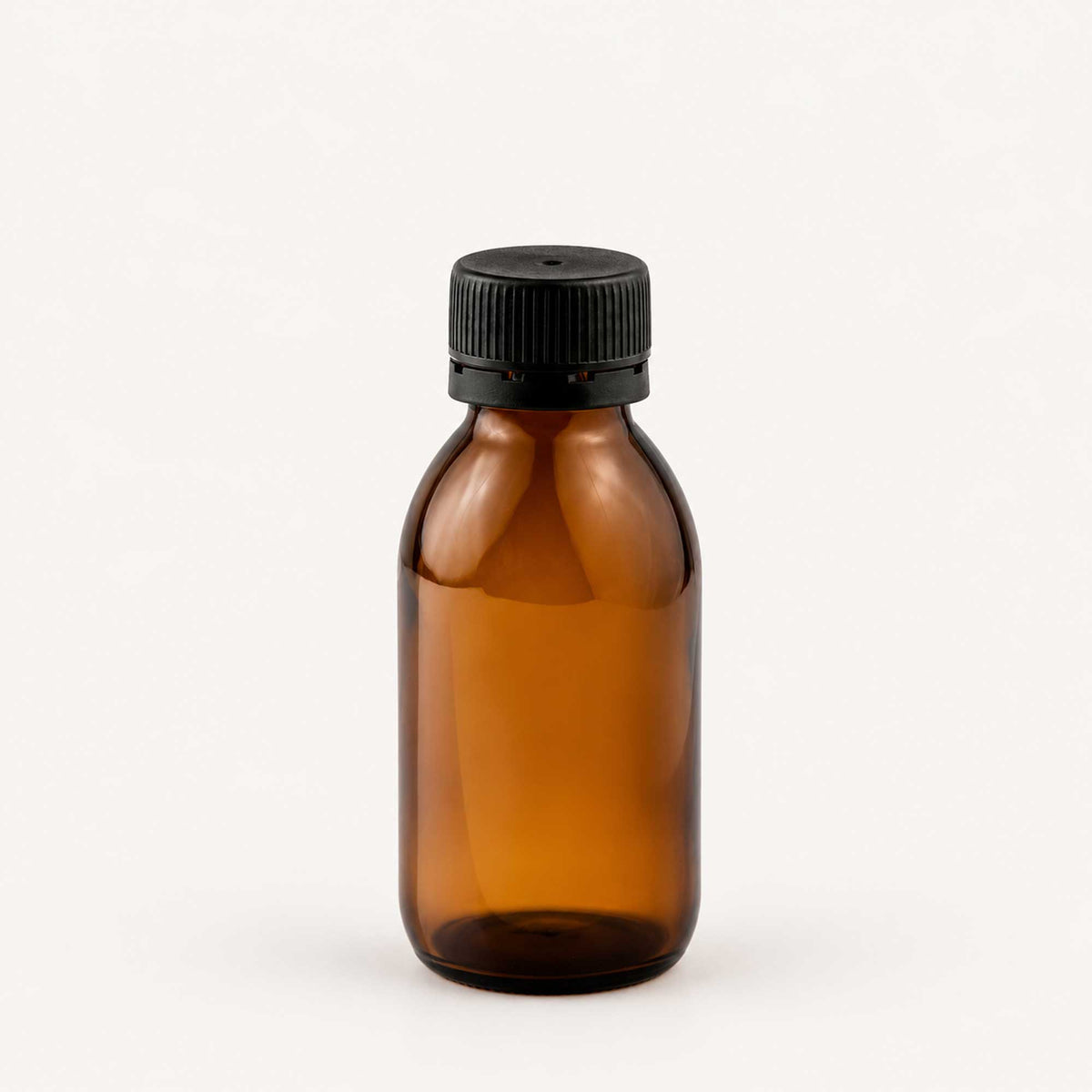 Braon staklena boca za sirup 100 ml, grlo 28 mm, sa crnim plastičnim poklopcem - 441180, 448100 | Bazika
